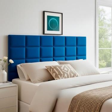 Imagem de Cabeceira Estofada Modular Autocolante 40x30cm Kit 10 Peças para Cama Box Casal Queen King(Azul,KING SIMPLES - 10 MÓDULOS)
