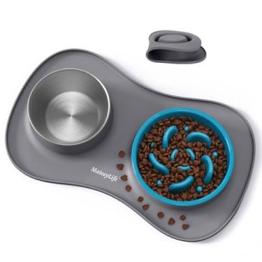 Imagem de MateeyLife Conjunto 3 em 1 de tigela de comida e água para cães, tigela de alimentação lenta para cães e tigela de água de aço inoxidável com tapete de silicone que não derrama, tigelas para gatos e