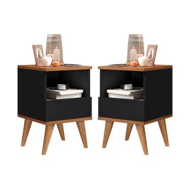 Imagem de Kit 2 Mesas de Cabeceira 1 gaveta Pés Palito Pix Preto / Nature - Comprar Moveis em Casa