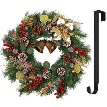 Imagem de YUGALI Guirlanda de Natal de 53 cm com luzes de gancho para porta da frente, sinos metálicos dourados, frutas vermelhas, pinhas, pinhas, flores douradas, fatias de limão, decoração de inverno ao ar