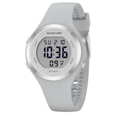 Imagem de GOLDEN HOUR Relógio esportivo feminino com pulseira de silicone com cronógrafo digital à prova d'água, Cinza