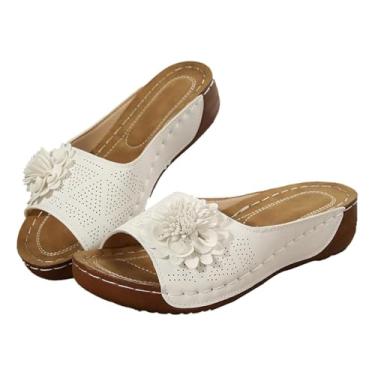Imagem de RiceelSor Sandálias femininas elegantes de flor ortopédica plataforma casual confortável com bico aberto, com suporte de arco, chinelos de praia boho de verão, Branco, 36
