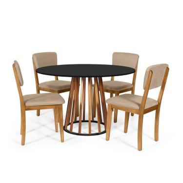 Imagem de Mesa De Jantar Redonda Gabi Nat/pret Com 4 Cadeiras Estofadas Ella Bege