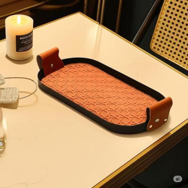 Imagem de Bandeja de Decoração em Metal e Couro Retangular de Mesa Luxo Bege Ter