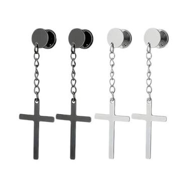 Imagem de Brincos De Argola Unissex De Aço Inoxidável Com Pingente De Cruz E Lâm