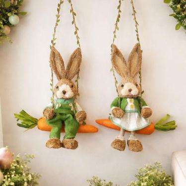 Imagem de Casal Decorativo Coelho Páscoa Sentado Balanço Cenoura 60cm - Genérico