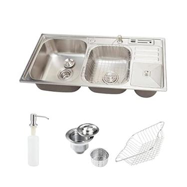 Imagem de Pingoo.Casa, Cuba para Cozinha Nukini com Acessórios e Lixeira Embutida de 3 Litros, Dosador de Detergente 300 ml, Tábua de Corte, Pia Dupla, Gourmet, Material em Aço Inox Escovado