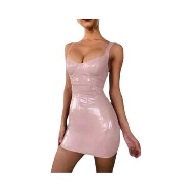 Imagem de Vestido Curto Feminino De Couro Envernizado Brilhante Sem Mangas, Ajus