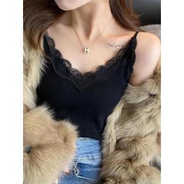 Imagem de Top Cropped De Renda Branco E Preto Para Mulheres, Camiseta Sem Mangas