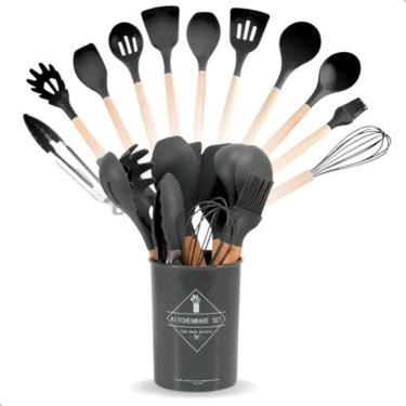 Imagem de Kit Utensílios de Cozinha 12 Peças Utensílios Silicone Cabo Madeira Fouet Pegador para...