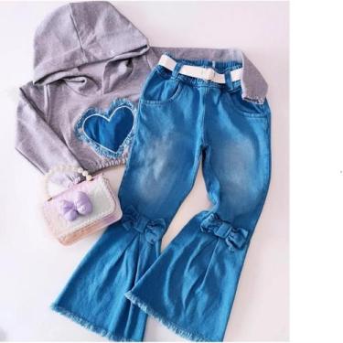 Imagem de Conjunto calça jeans Flare e cropped manga longa em moletom - July Bab