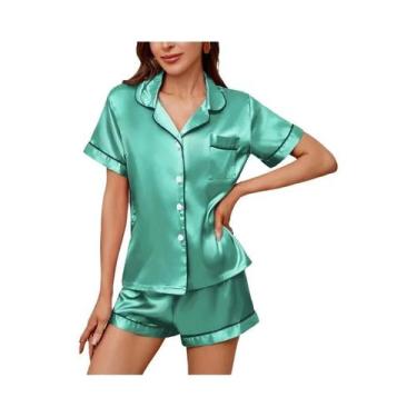 Imagem de Conjunto De Pijama De Seda Luxuosa Para Mulheres Com Gola Reversível E