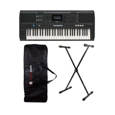 Imagem de Kit Teclado Yamaha PSR-E483 + Capa + Suporte em X
