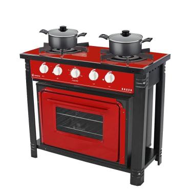 Imagem de Kit Fogão Industrial 2 Bocas com Forno Bravo BR2BF BRF2 Vermelho com 2 Caçarolas Turim Chumbo Venâncio