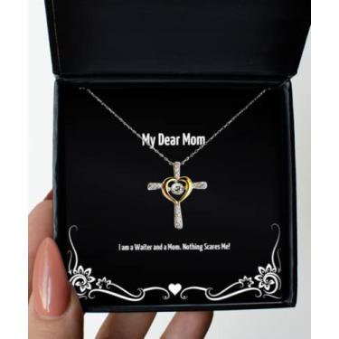 Imagem de SpreadPassion Presentes exclusivos para mãe, I am a Waiter and a Mom. Nothing Scares Me!, Colar de dança de cruz de Natal para mãe