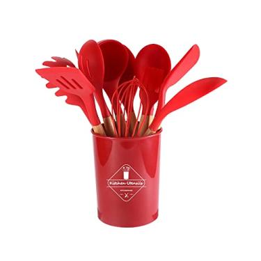 Imagem de FUYTERY 11 peças cozinha silicone utensílio de cozinha resistente ao calor panelas de aço inoxidável conjunto de pá colher (Vermelho)