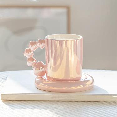 Imagem de Caneca de café com alça em forma de estrela moderna de cerâmica requintada xícara de café e pires para xícara de chá da tarde, de 320 ml, para casa e casamento, presente para ela (rosa pérola)
