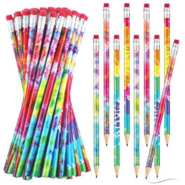 Imagem de Lápis Tie Dye Lápis de Cor Sólida Lápis Redondo Colorido Lápis de Cor Arco-íris Lápis de Cor Gradiente de Madeira com Topo de Borracha para Escritório em Casa Escola Sala de Aula Esboço e Atividades de Aprendizagem (48 peças)