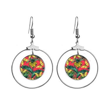 Imagem de Brincos de borboleta rosa de folha de flor com argola pendurada, joia circular