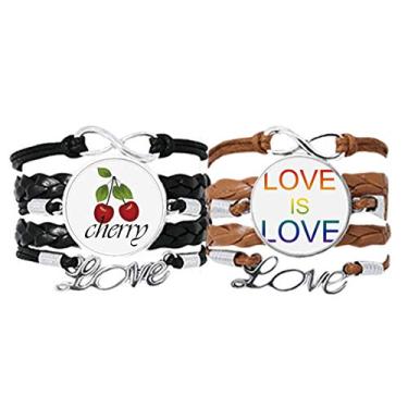 Imagem de DIYthinker Pulseira LGBT com bandeira de arco-íris Love is Love, pulseira de couro, corda de cereja, conjunto duplo