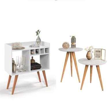 Imagem de Aparador Buffet Bar com Adega Rubi e Conjunto de Mesas Apoio e Lateral Classic Retrô - Quality Móveis (KIT-BRANCO)