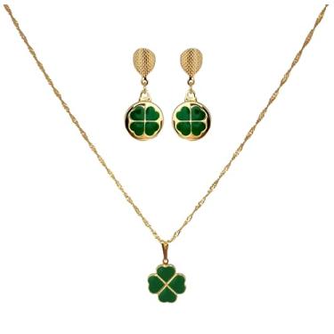 Imagem de Genérico - Conjunto de Joias - Mulheres - Acessível - Feminino - Colar Brinco Pingente Trevo Folheado Ouro 18k Antialérgico