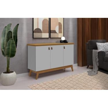 Imagem de Buffet/Bancada/Balcão/Aparador ABS Estilo Retrô Com Pés em Madeira 3 Portas Puxadores em Couro e Amplo Espaço Interno Com Prateleiras Cor Cinza/Nature