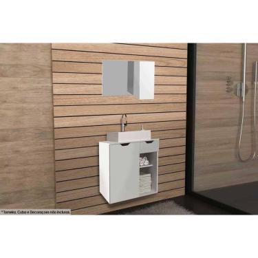Imagem de Conjunto De Banheiro Armário C- Espelho Bn3602 80cm E Balcão Suspenso Bn3605 S- Cuba Pia 60cm Cor Branco - Tecno Mobili