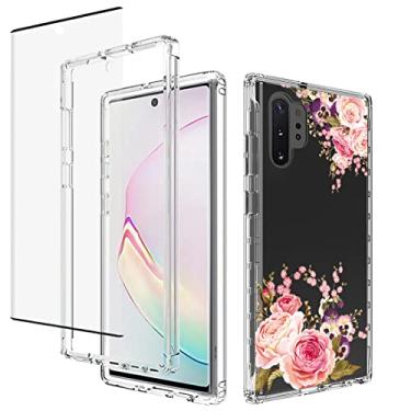 Imagem de Vavies Capa para Galaxy Note 10 Plus/Note 10+ 5G SM-N975U com protetor de tela de vidro temperado, capa de telefone transparente com design floral para Samsung Galaxy Note 10 Plus (flor rosa)