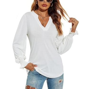Imagem de Camiseta feminina de manga comprida com decote em V e patchwork de cor sólida, Branco, M