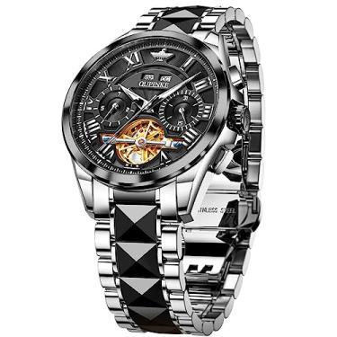 Imagem de OUPINKE Relógios masculinos automáticos esqueleto, relógios de pulso mecânicos, luxuosos, aço inoxidável, à prova d'água, luminoso.., Preto, Mecânico, relógio esqueleto