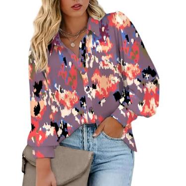 Imagem de IN'VOLAND Blusas femininas plus size de botão com estampa de manga comprida Boho camisas florais camisas havaianas trabalho escritório tops, A7 multicolorido, 19 Plus Size