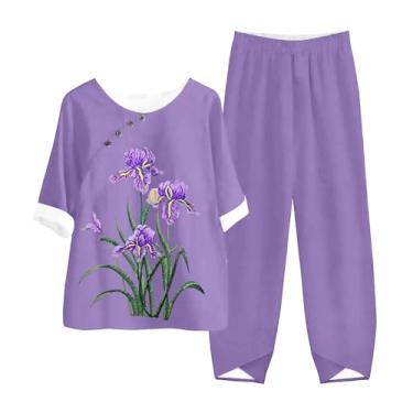 Imagem de Roupas de verão femininas 2024 linho 2 peças roxo conjuntos de manga curta Alzheimer camisas de treino de perna larga para idosos, rosa, P