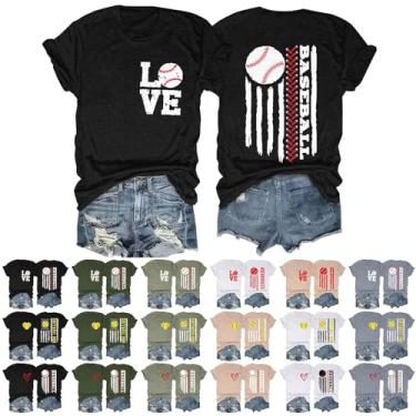 Imagem de Camisetas femininas de beisebol 2024 Love American Flag Graphic Tops verão casual manga curta blusas soltas, 01 Preto, GG