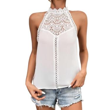 Imagem de Regatas femininas de renda frente única blusa sem mangas cor sólida túnica casual de verão, Branco, G