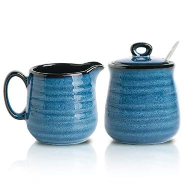 Imagem de Hasense Conjunto de porcelana para açúcar e cremeira, 325 ml tigela de açúcar com tampa e colher, jarra de creme de 295 ml, conjuntos de café de fazenda para servir, lavável na lava-louças (azul)