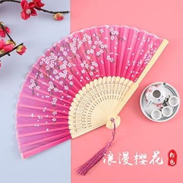 Imagem de YQHWLKJ Ventilador dobrável de seda estilo vintage ventiladores de mão ventiladores de mão arte artesanato menina presente decoração de casa casamento dança ventilador de mão
