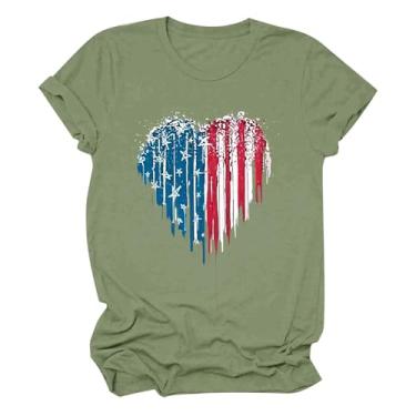 Imagem de Camisetas femininas 4 de julho de manga curta, bandeira americana, patriótica, estampa de coração, blusa casual, Verde menta, XXG