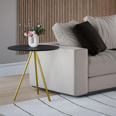 Imagem de Mesa Lateral Decorativa Gabriela Base Dourada Tampo Redondo Preto - Casa Prime