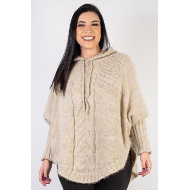 Imagem de Poncho feminino de malha com trança 60012 - Domizia, Bege