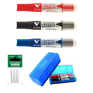 Imagem de Kit Marcador Quadro Branco Azul Preto Vermelho + Apagador + Ponta Repo