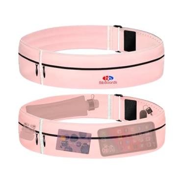 Imagem de BibBoards Cinto de corrida para homens e mulheres – pochete repelente de água e suor para celular, chaves, cartões e dinheiro, faixa de corrida ajustável para maratona, corrida, ciclismo — rosa, 111,8