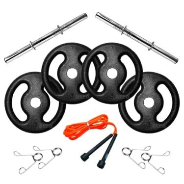 Imagem de Kit 12Kg em Anilhas de Ferro com Barras 40cm e Corda de Pular