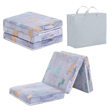 Imagem de Tiita Colchão com três dobras para crianças, futon infantil que brilha no escuro com capa removível, tapete de espuma de alta densidade, médio, 165 x 61 cm, dinossauro azul