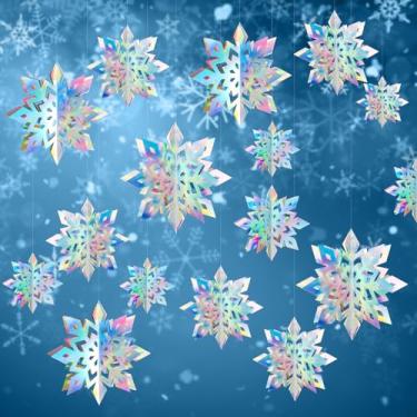 Imagem de 12 peças de enfeites de floco de neve de inverno - decorações iridescentes grandes 3D de flocos de neve pendurados, guirlanda de floco de neve de papel com 3 tamanhos para decoração de festa de Natal