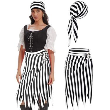 Imagem de Durio Womens Pirate Skirt Hat Pirate Accessories Halloween Costumes Adult Women Cosplay Costume White Black Pirate Bandana Headband Scarf For Men Women Renaissance Costume White Black Stripe One Size