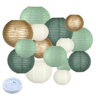 Imagem de Lanternas de papel decorativas, lanternas de papel redondas decorações verde sálvia/verde floresta/ouro/branco para festa rústica, aniversário, despedida de solteira, noivado, casamento, chá de bebê
