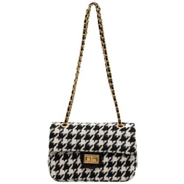 Imagem de Houndstooth Bolsa transversal de ombro com corrente para mulheres, bolsa de mão e bolsa moderna de tecido de lã, A - Preto
