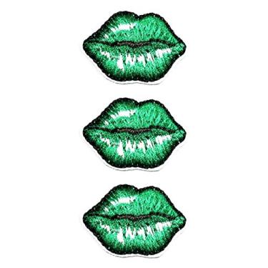 Imagem de Conjunto de 3 peças, mini lábios verdes pequenos, boca sexy, beije-me, crianças, adesivo de desenho animado bordado, costurar, passar a ferro, aplique faça você mesmo, conserto de roupas, chapéu,