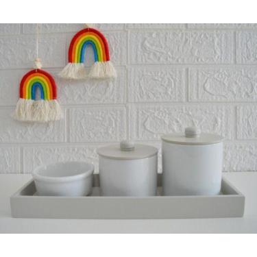 Imagem de Kit Higiene Bebê Porcelana Tampa Bandeja Mdf Cinza Bancada - Ciranda A